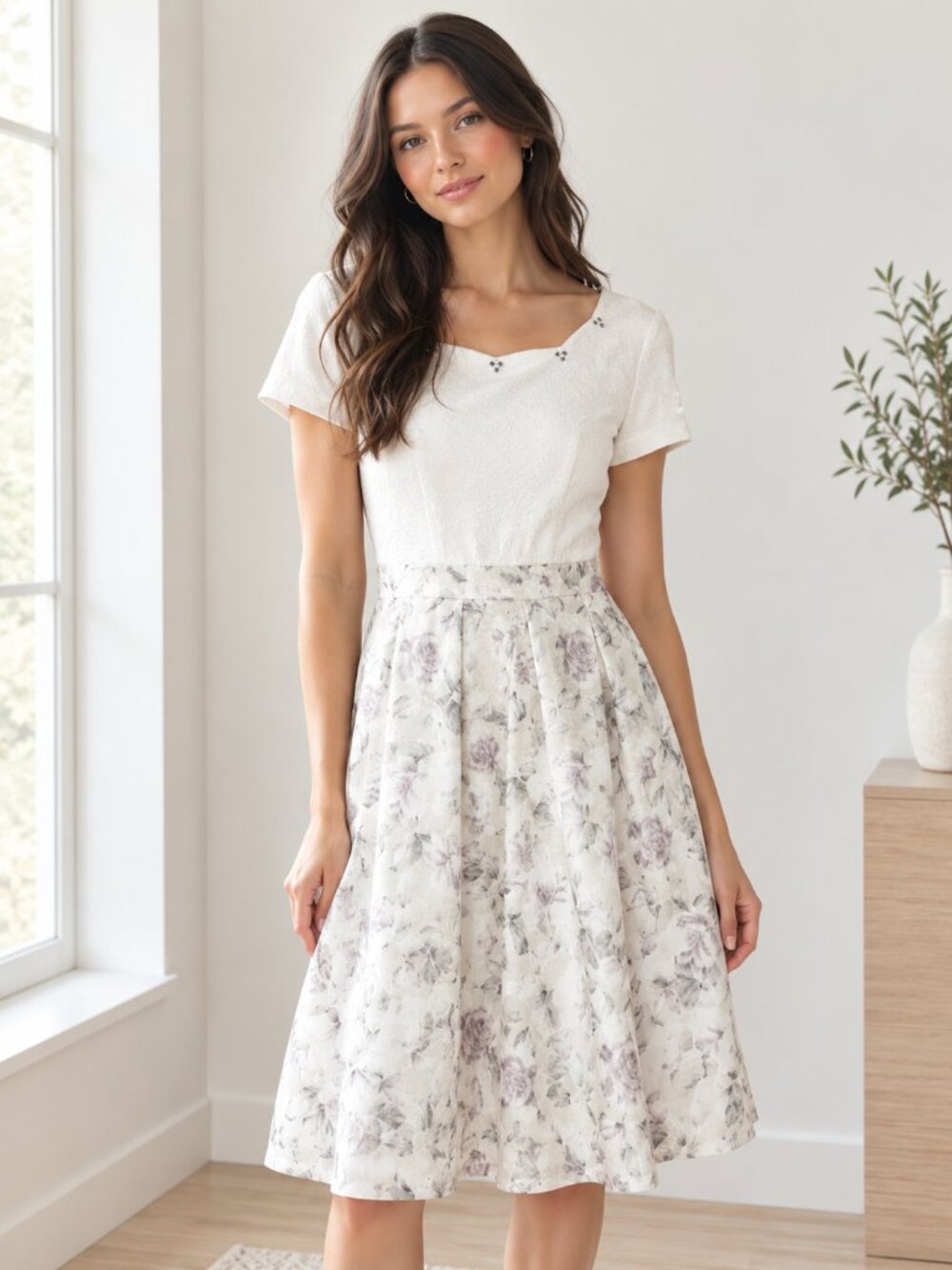 Emsexcite  White Floral Fit & Flare Dress Lavender Rose Print 0904